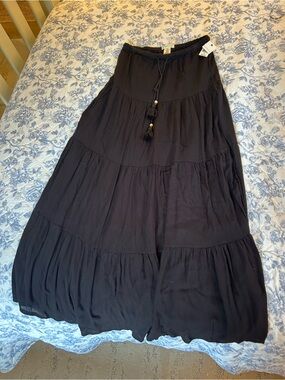 Ultra Flirt Black Tiered Maxi Skirt with Tassel Drawstring